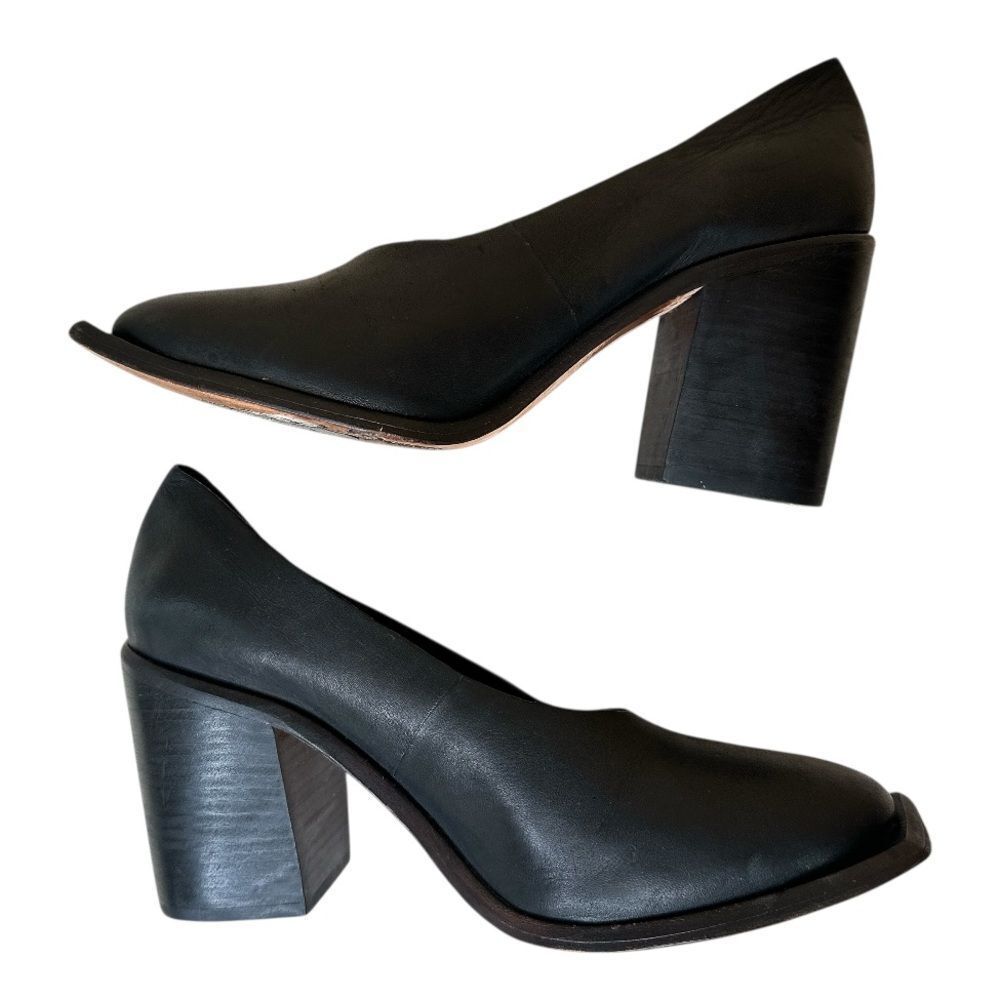 WAL & PAI Leather Black Square Toe Slip Heels - Picture 3 of 9
